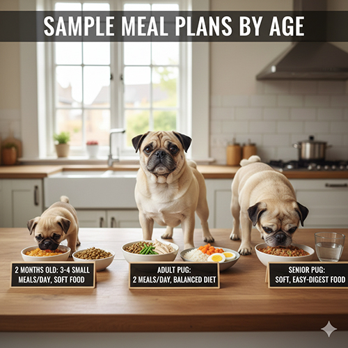 Ảnh ba bé chó Pug ở ba độ tuổi khác nhau đứng trước các khẩu phần riêng: Pug con ăn mềm – Pug trưởng thành ăn cân bằng – Pug già ăn mềm dễ tiêu