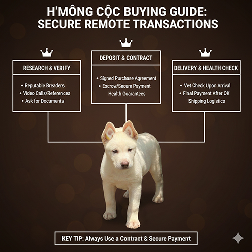 Infographic quy trình giao dịch an toàn khi mua chó Mông Cộc từ xa, gồm kiểm tra người bán, xác nhận video và nhận hàng