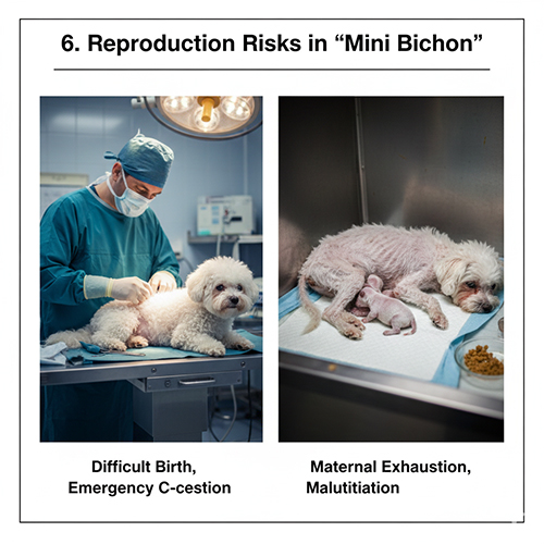 Rủi ro sinh sản ở chó Bichon mini như khó sinh, phải mổ bắt con và mẹ kiệt sức, thiếu dinh dưỡng