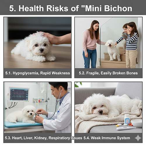 Các rủi ro sức khỏe phổ biến ở chó Bichon mini như hạ đường huyết, xương giòn, bệnh tim gan thận và miễn dịch yếu