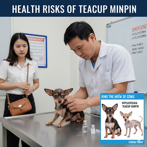 Bác sĩ thú y kiểm tra một bé Phốc hươu siêu nhỏ trên bàn khám trong khi chủ đứng cạnh, minh họa các rủi ro sức khỏe thường gặp ở dòng teacup.