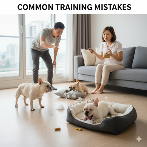 Chó Bull Pháp bày bừa trong phòng khách trong khi chủ đang quát mắng, thể hiện lỗi thường gặp khi huấn luyện sai cách