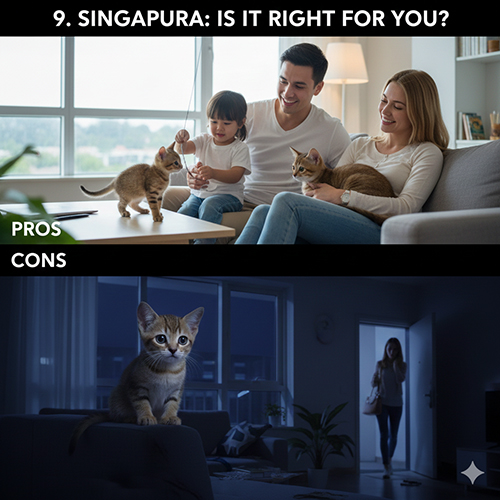 Gia đình chơi cùng mèo Singapura trong căn hộ và cảnh mèo ở nhà ban đêm minh họa ưu nhược điểm