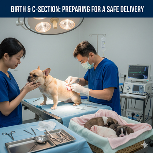 Bác sĩ thú y chuẩn bị cho ca mổ đẻ của chó Bull Pháp, cạnh đó là giỏ chó con mới sinh được giữ ấm cẩn thận.