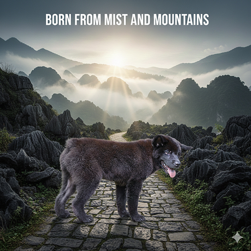 Ảnh chó Mông Cộc lông xù đứng giữa đường đá núi Tây Bắc, phía sau là cảnh núi mù sương hùng vĩ.