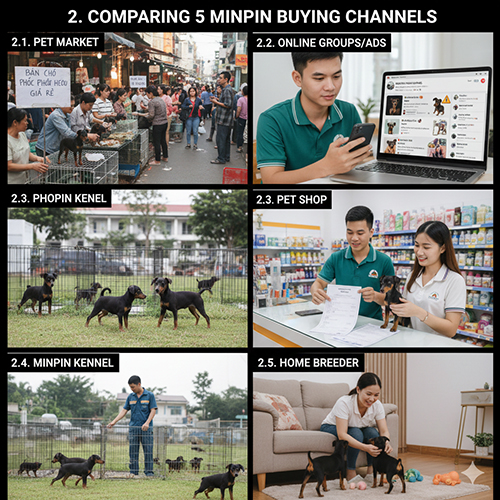 Hình ảnh so sánh 5 kênh mua bán chó Phốc hươu Minpin tại Việt Nam: chợ thú cưng, group online, shop thú cưng, trại giống và người nuôi nhà.
