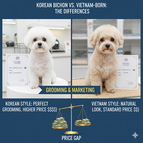 Hai bé Bichon: một nhập Hàn được groom hoàn hảo và một sinh tại Việt Nam với style tự nhiên, kèm biểu tượng cân thể hiện chênh lệch giá