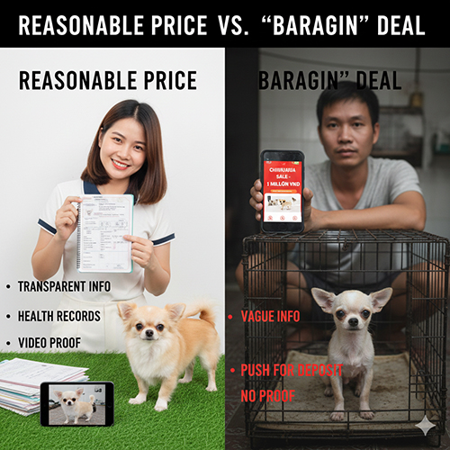 so sánh chó Chihuahua giá hợp lý với giá siêu rẻ, minh bạch thông tin vs mơ hồ và thúc ép đặt cọc