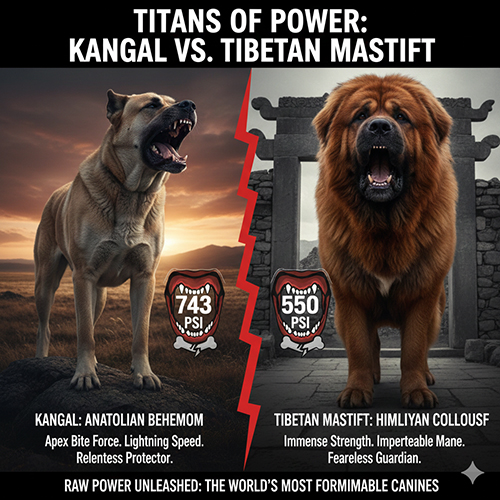 Hình so sánh chó Kangal và Ngao Tây Tạng với biểu tượng lực cắn, nửa trái – nửa phải tạo cảm giác đối chiếu