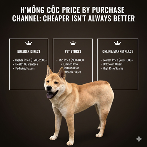 So sánh giá chó Mông Cộc theo kênh mua gồm trại uy tín, cửa hàng thú cưng và mua online, minh họa bằng hình một bé Mông Cộc vàng đứng phía trước ba bảng thông tin.