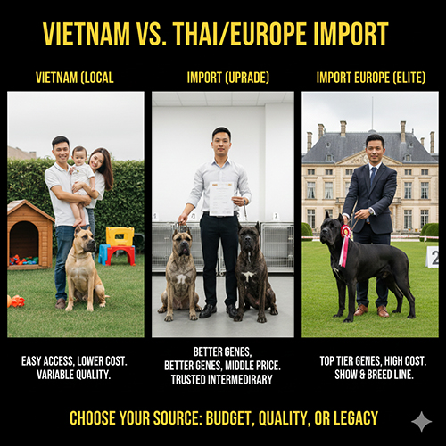 So sánh giá chó Ngao Ý Cane Corso sinh trong nước và nhập Thái châu Âu