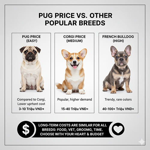 Infographic so sánh giá chó Pug với Corgi và Bull Pháp trên nền xám