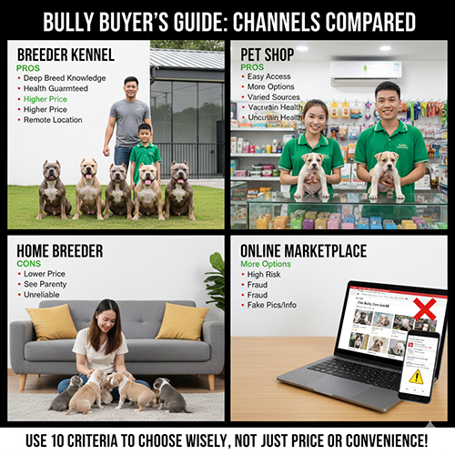 So sánh các kênh mua bán chó Bully gồm trại giống, pet shop, nhà đẻ và chợ online