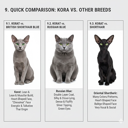 So sánh mèo Korat với mèo Anh lông ngắn xanh, Russian Blue và các giống mèo Thái khác