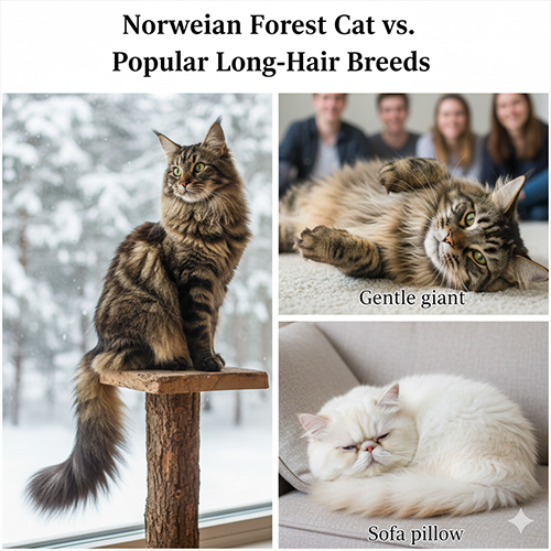 Hình ảnh so sánh mèo rừng Na Uy dáng thể thao, mèo Maine Coon khổng lồ và mèo Ba Tư mặt tịt nằm trên sofa
