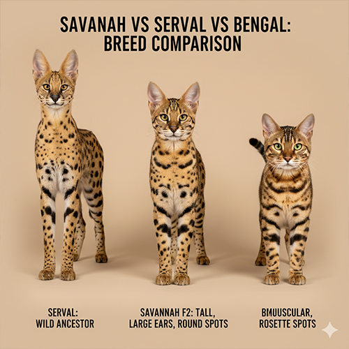 So sánh ngoại hình mèo Savannah, Serval và Bengal với dáng đứng, tai và đốm lông khác nhau