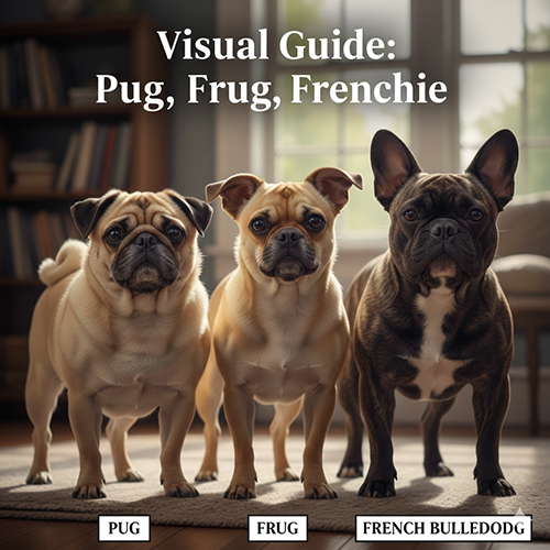 Hướng dẫn trực quan so sánh 3 dòng chó mặt xệ gồm Pug, Frug (Pug lai Bull Pháp) và French Bulldog đứng cạnh nhau, có nhãn tên từng bé để dễ nhận diện.