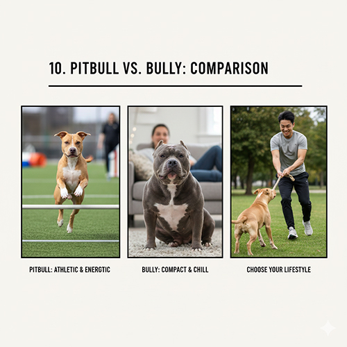 Hình so sánh Pitbull năng động và Bully lùn – cơ bắp, kèm cảnh chủ chơi với chó