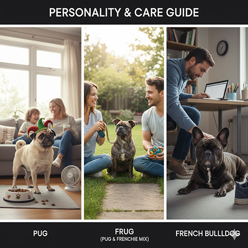 Ảnh hướng dẫn tính cách và chăm sóc cho Pug, Frug (Pug lai Bull Pháp) và Bull Pháp với 3 khung cảnh sinh hoạt khác nhau, nhấn mạnh mức độ thân thiện và nhu cầu chăm sóc từng dòng.