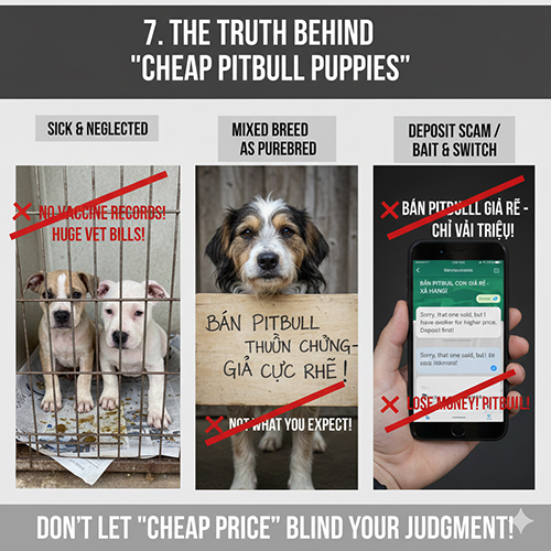Ba hình minh họa rủi ro khi mua Pitbull giá rẻ: chó bệnh, chó lai rao như thuần và lừa đảo đặt cọc.
