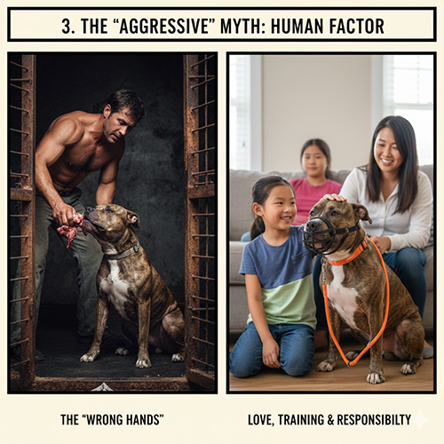 Hình đối lập giữa Pitbull bị nuôi sai cách và Pitbull sống ngoan hiền trong gia đình