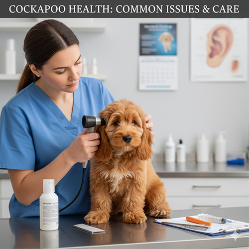 Kiểm tra sức khỏe chó Cocker lai Poodle Cockapoo tại phòng khám thú y, chú trọng tai, da và mắt