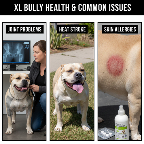 Infographic về sức khỏe XL Bully gồm vấn đề xương khớp, nguy cơ sốc nhiệt và dị ứng da với hình minh họa tương ứng