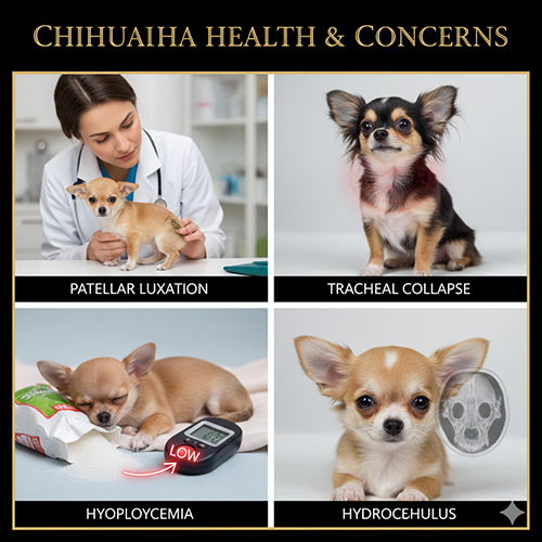 Các vấn đề sức khỏe thường gặp ở Chihuahua gồm trật xương bánh chè, xẹp khí quản, hạ đường huyết và não úng thủy