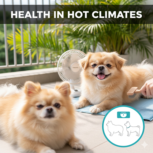 Chó Bắc Kinh lai Phốc Sóc nghỉ ngơi trong không gian mát, có quạt làm dịu thời tiết nóng