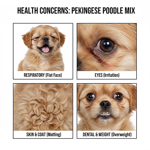 Các vấn đề sức khỏe thường gặp ở chó Bắc Kinh lai Poodle như hô hấp, mắt, da lông và răng