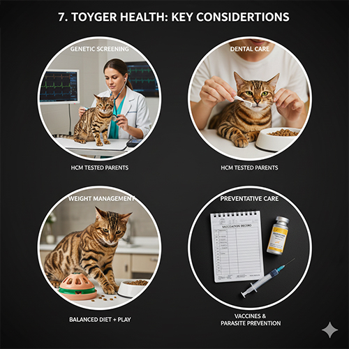 Các lưu ý sức khỏe mèo Toyger gồm tim mạch, răng miệng, cân nặng và tiêm phòng