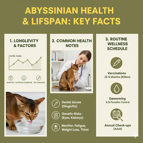 Sức khỏe và tuổi thọ mèo Abyssinian với các yếu tố tiêm phòng, khám định kỳ và chăm sóc hằng ngày