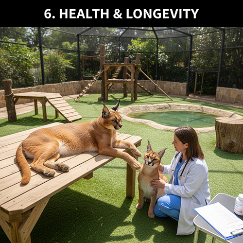 Mèo Caracal được kiểm tra sức khỏe trong khu nuôi bán hoang dã với bác sĩ thú y