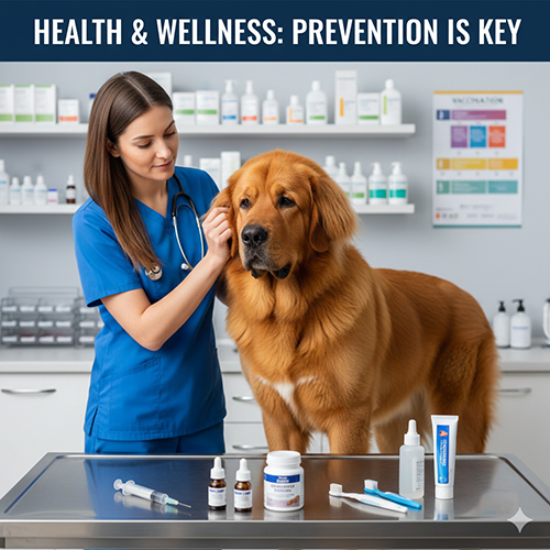 Hình ảnh bác sĩ thú y kiểm tra sức khỏe cho chó Ngao Tây Tạng, minh họa chăm sóc y tế