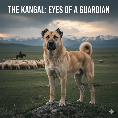 Hình chó Kangal đứng cảnh giác trên đồng cỏ, tai cụp nhẹ, đuôi cong và ánh mắt quan sát đàn cừu phía xa