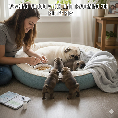 Đàn chó Pug con tập ăn dặm bên chó mẹ, chuẩn bị cho giai đoạn tiêm phòng và tẩy giun