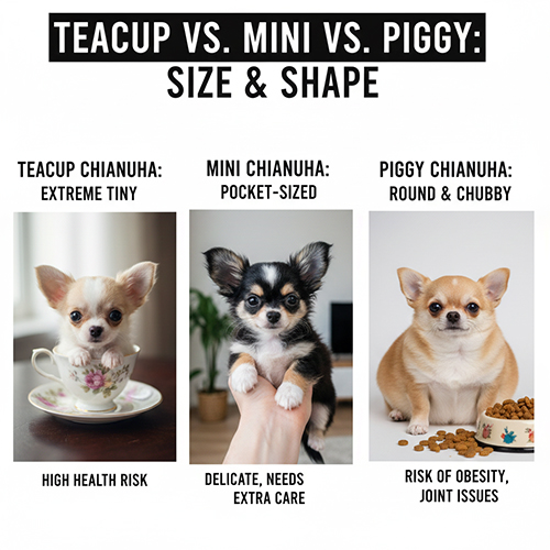 So sánh Chihuahua teacup, Chihuahua mini và Chihuahua heo lùn về kích thước, thể trạng và rủi ro sức khỏe