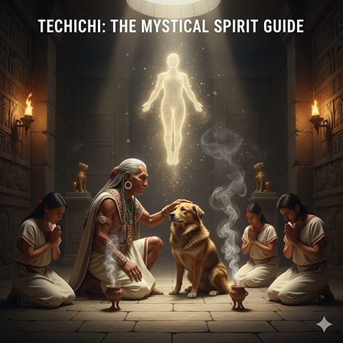 Hình minh họa Techichi trong nghi lễ cổ đại của người Toltec–Aztec, biểu tượng dẫn hồn và mối liên hệ với Chihuahua ngày nay