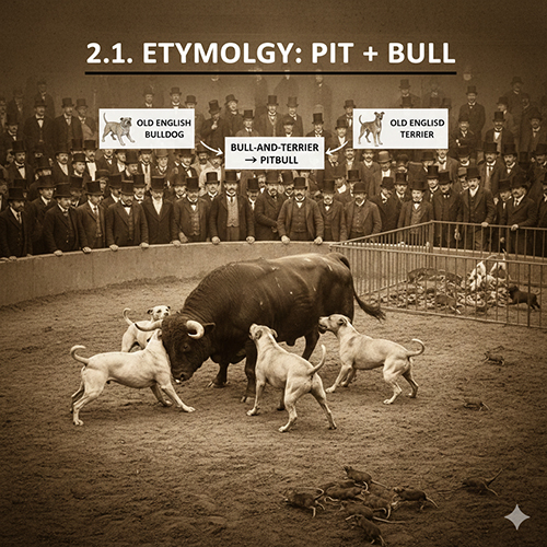 Hình minh họa hố đấu xưa với các chú chó vây quanh bò tót, mô tả nguồn gốc tên gọi Pitbull