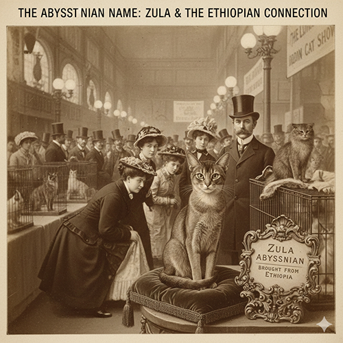 Hình ảnh mèo Abyssinian trong bối cảnh triển lãm mèo thế kỷ 19, gắn với câu chuyện Zula từ Ethiopia