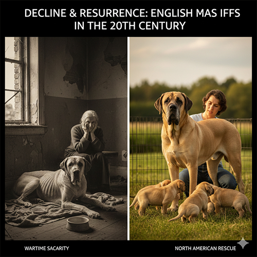 Hình ảnh đối lập về chó Ngao Anh thời chiến tranh suy kiệt và giai đoạn hồi sinh cùng đàn con