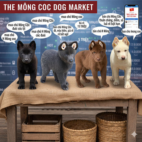 Infographic về bức tranh thị trường mua bán chó Mông Cộc với nhiều mức giá và kiểu tin rao khác nhau