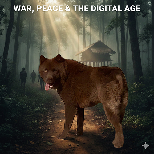 Ảnh chó Mông Cộc nâu đứng trên đường rừng tối, phía sau là bóng người và nhà sàn, gợi không khí lịch sử và cảnh giác.