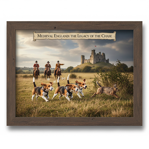 Thời kỳ Trung cổ Anh – đàn chó Beagle săn thỏ trên đồng cỏ gần lâu đài