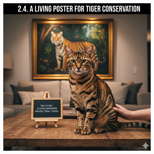 Mèo Toyger với ngoại hình hổ mini ngồi trước hình ảnh hổ thật mang thông điệp bảo tồn