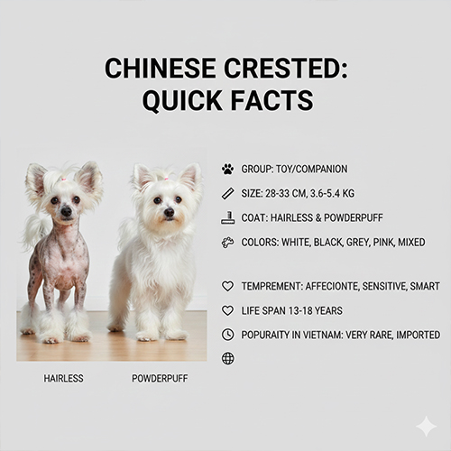 Thông tin nhanh về chó có mào Chinese Crested với hai dòng Hairless và Powderpuff