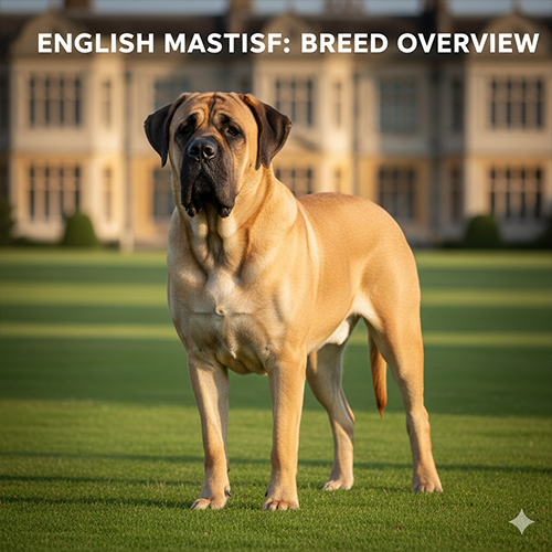 Chó Ngao Anh English Mastiff trưởng thành đứng trên bãi cỏ, thân hình to lớn, cơ bắp và mặt nạ đen đặc trưng
