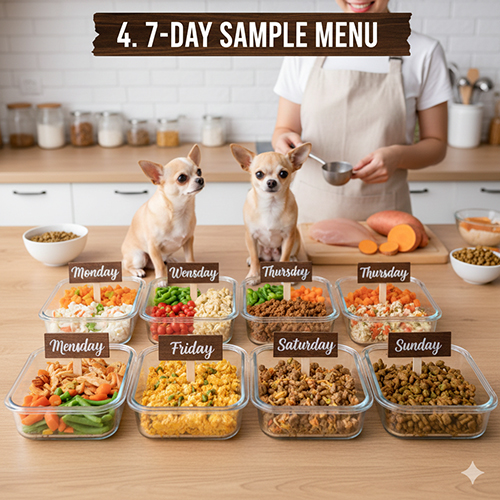 Thực đơn mẫu 7 ngày cho chó Chihuahua với các bữa ăn cân đối từ hạt, thịt và rau củ