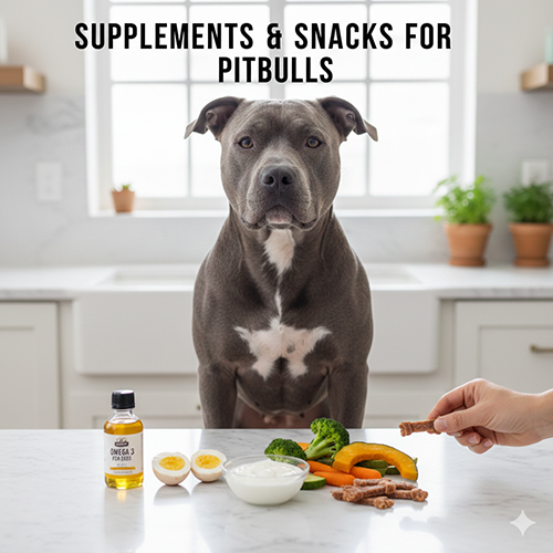 Thực phẩm bổ sung và snack tốt cho Pitbull như dầu cá, trứng, sữa chua và rau củ