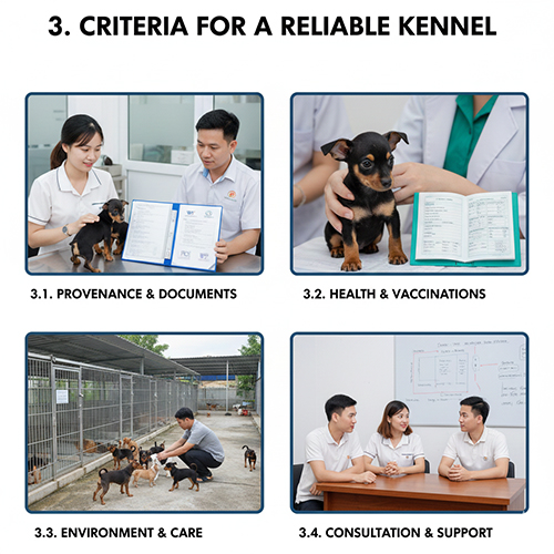 Hình minh họa 4 tiêu chí chọn trại chó Phốc hươu uy tín gồm giấy tờ nguồn gốc, sức khỏe – tiêm phòng, môi trường nuôi và tư vấn hỗ trợ sau bán.